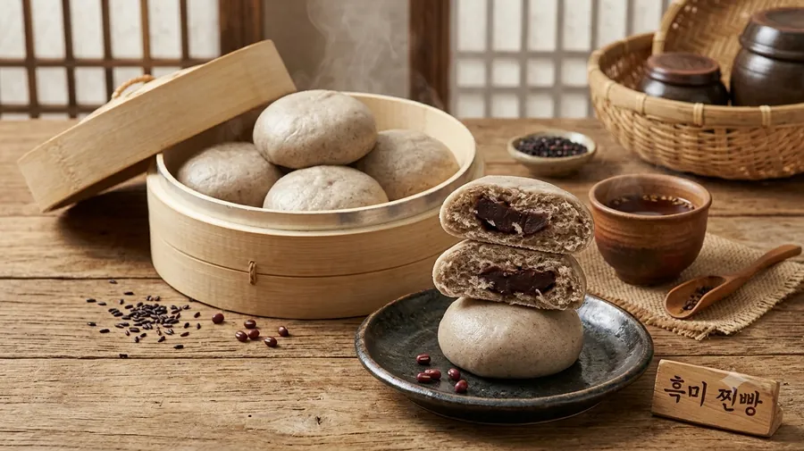 반으로 갈라 겹쳐 놓은 흑미찐빵 단면, 보랏빛 반죽 속 팥소