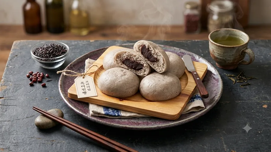 나무 도마 위 흑미찐빵과 작은 그릇에 담긴 흑미 낱알