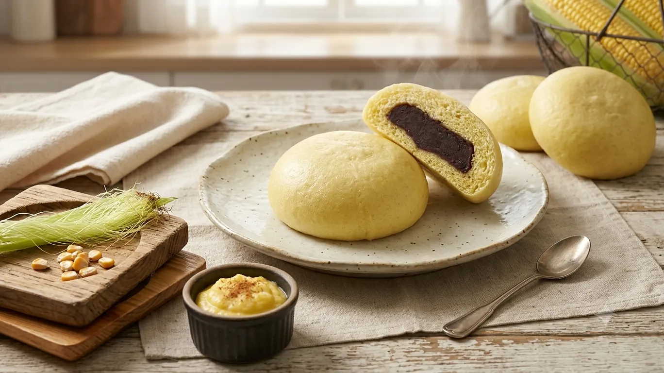 접시에 담긴 노란 옥수수찐빵과 반으로 가른 단면, 옆에 옥수수