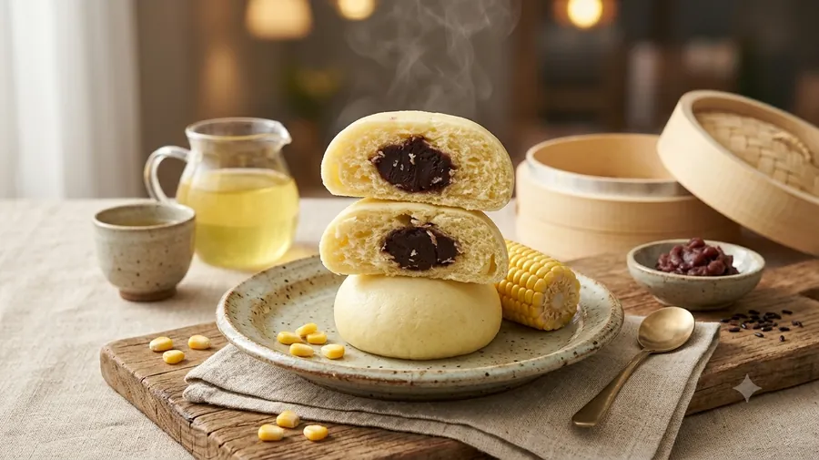 반으로 갈라 겹쳐 놓은 옥수수찐빵, 노르스름한 반죽 속 팥소