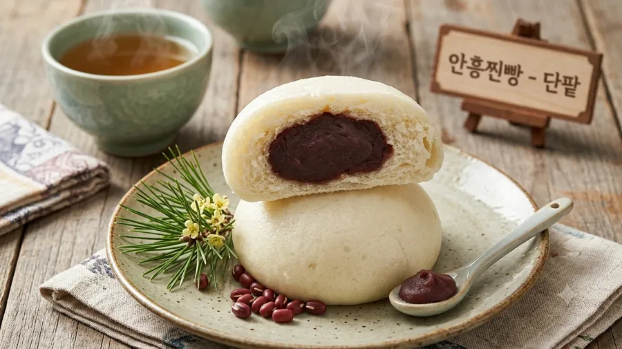 반으로 갈라 올려 놓은 흰찐빵, 흰 반죽 속을 가득 채운 단팥소