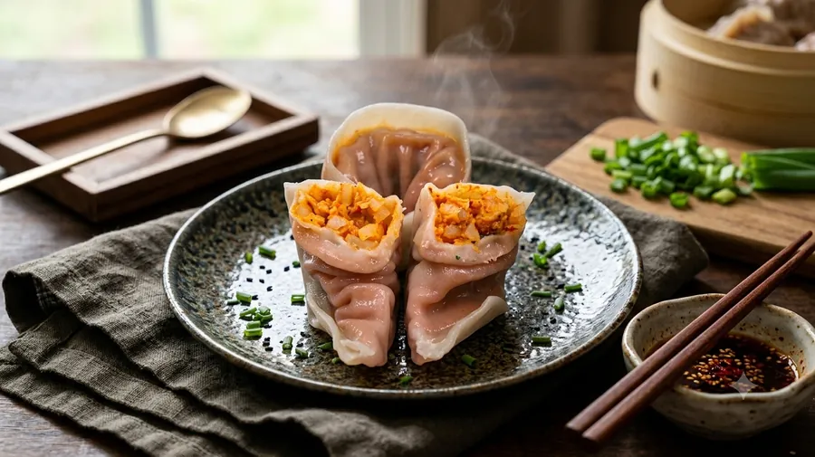 반으로 갈라 붉은 김치소가 보이는 김치감자만두