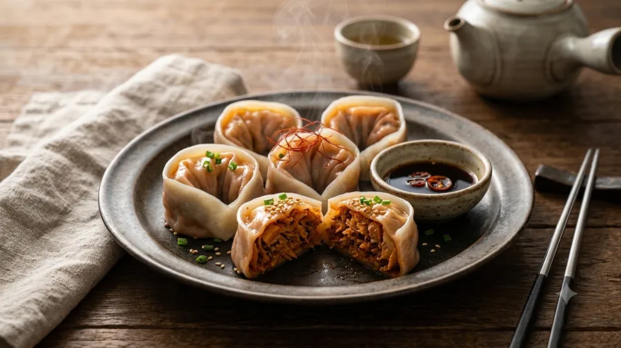 접시에 담긴 김치감자만두, 가운데 반으로 가른 김치소