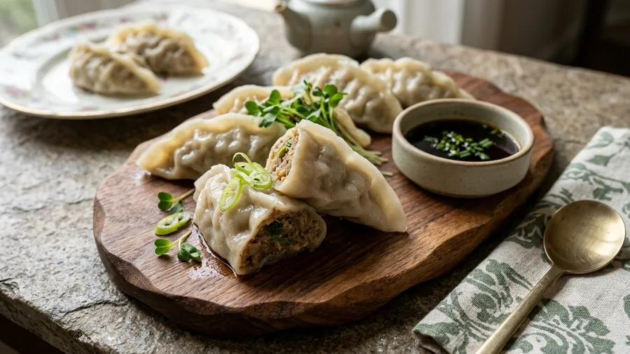 나무 도마 위에서 반으로 가른 갈비만두의 갈비소