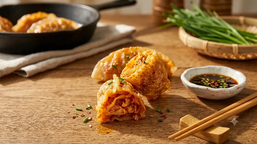 팬에 노릇하게 구워 반으로 가른 투명피김치만두의 김치소